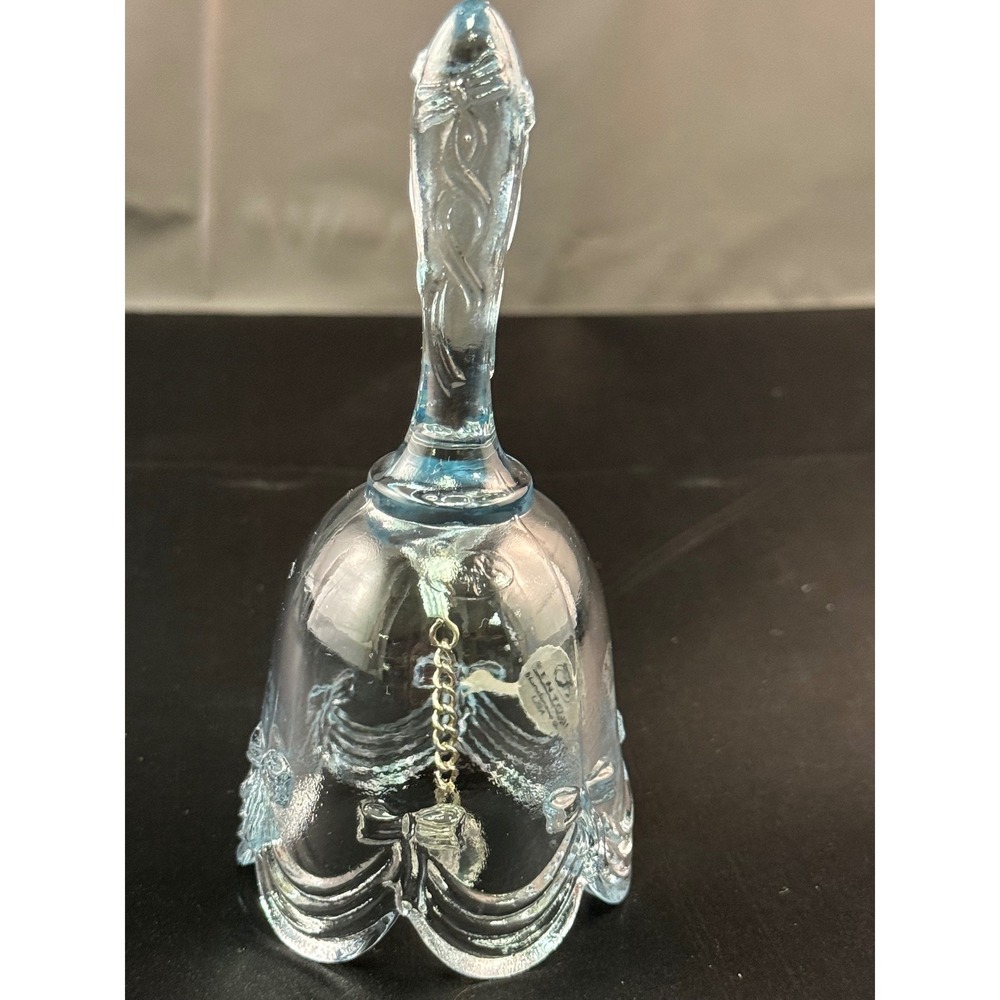 Vintage Fenton Art Glass Bell Blue Draped Bows Clear Crystal USA Cottage Decor